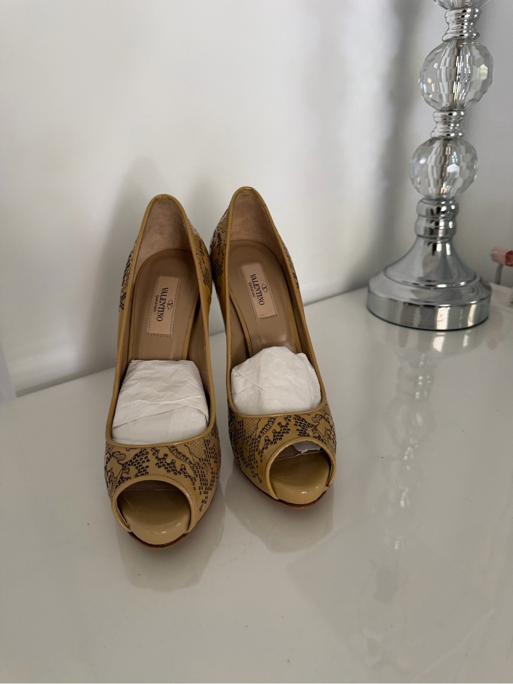 Valentino Garavani Yellow Peep-Toe Embroidered Pumps